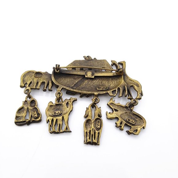 Vintage JJ Noah's Ark Dangle Brooch in Burnished Gold Tone - Picture 2 of 2